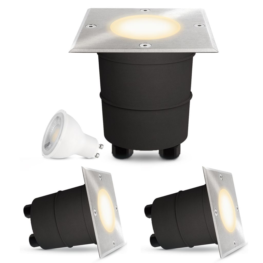 3 Stück LED Bodeneinbaustrahler MADON für Aussen IP67 - inkl. LED GU10 5W drei einstellbaren Lichtfarben 3CCT 230V - Bodenspot eckig mit Echt-Gla...