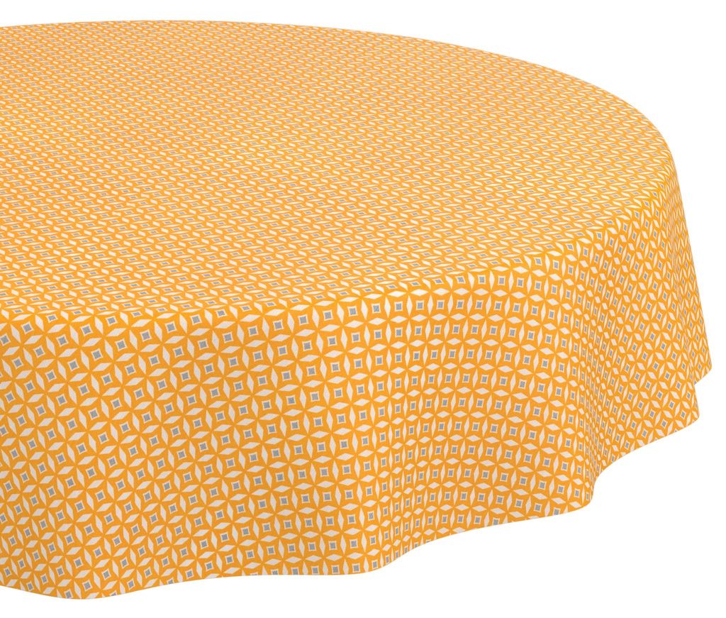 Stofftischdecke 100x100cm Rund Gelb Barcelona Stoff Premium Muster Retro wasserabweisend pflegeleicht