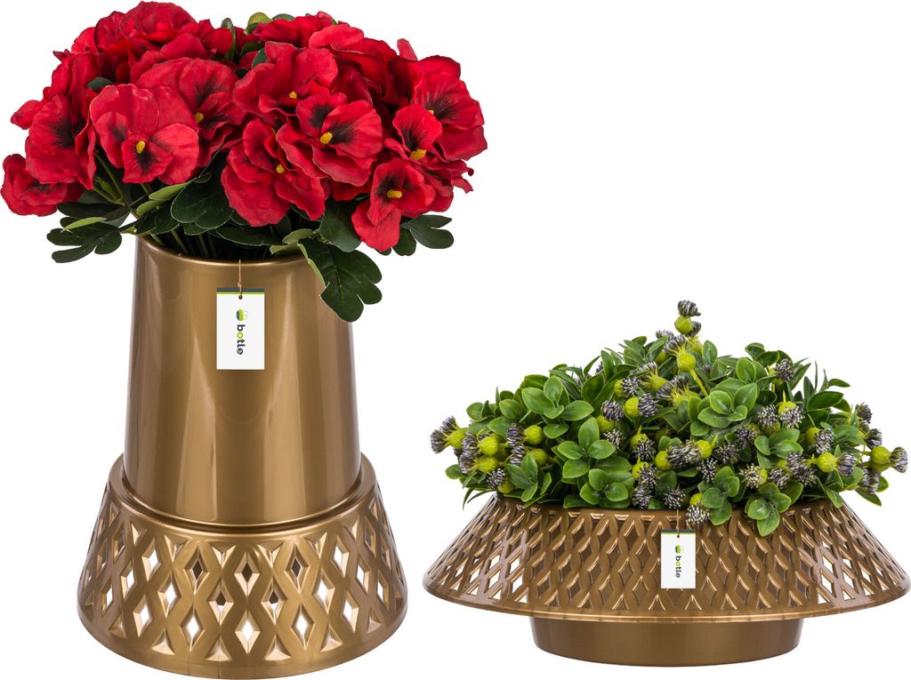 Set Friedhofskolbenvase H 25 cm Ø 11 cm + Blumentopf Friedhofsschale Ø 23 cm im Glänz Gold Durchbrochen Grabdekoration für Kompositionen aus k...
