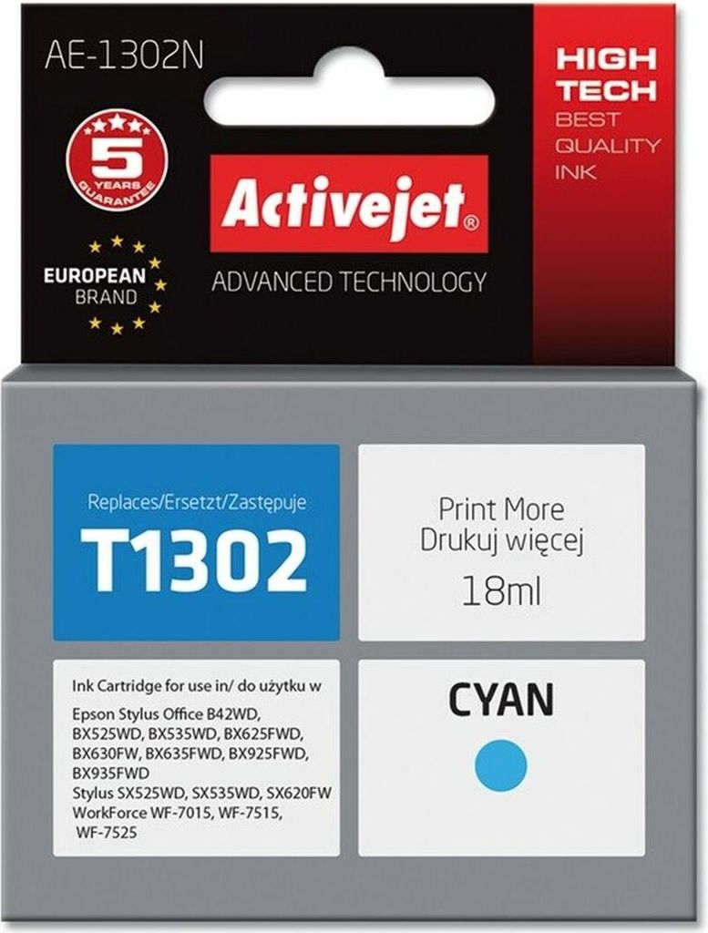 Activejet AE-1302N Tintenpatrone (Ersatz für Epson T1302; Höchste; 18ml; cyan), Hohe (XL-) Ausbeute, Cyan, 18 ml, 1 Stück(e)