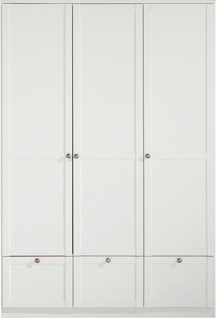 A white wardrobe with three doors and three drawers at the bottom, shown from the front.