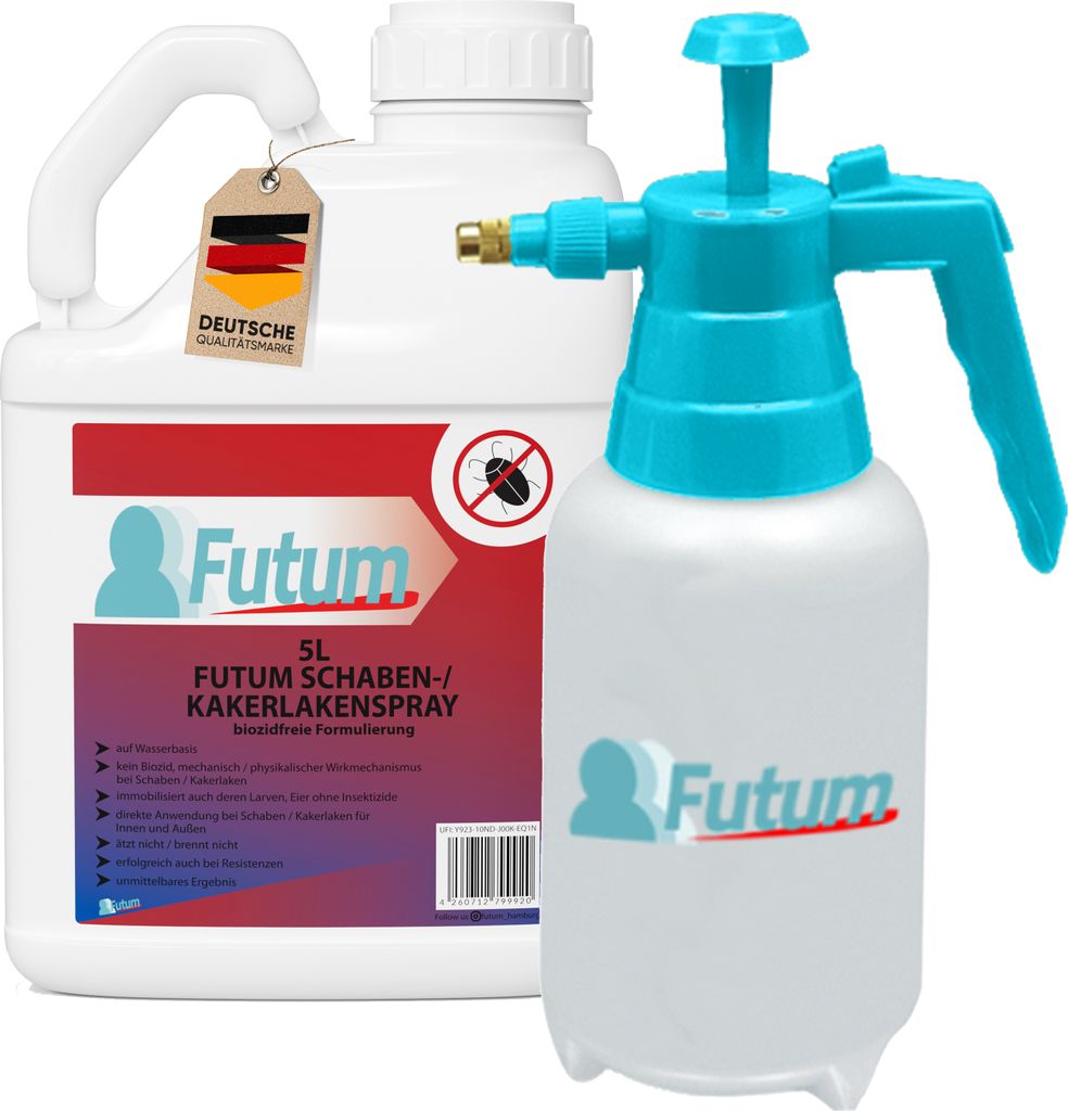 FUTUM 5 Liter + Sprüher Schaben Spray | Biozidfreies Kakerlaken Mittel | auf Wasserbasis gegen Kakerlaken, Schaben, Larven & Eier