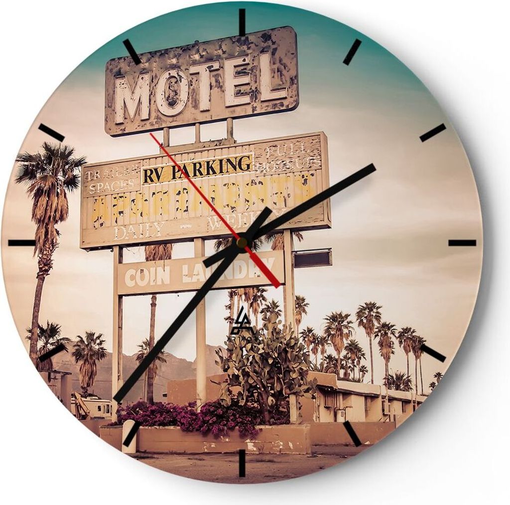 Wanduhr - Rund - Glasuhr - Amerika Motel Straße Zeichen - 40x40cm - Schleichendes Uhrwerk - Lautlos - zum Aufhängen bereit - Dekoration Modern - ...