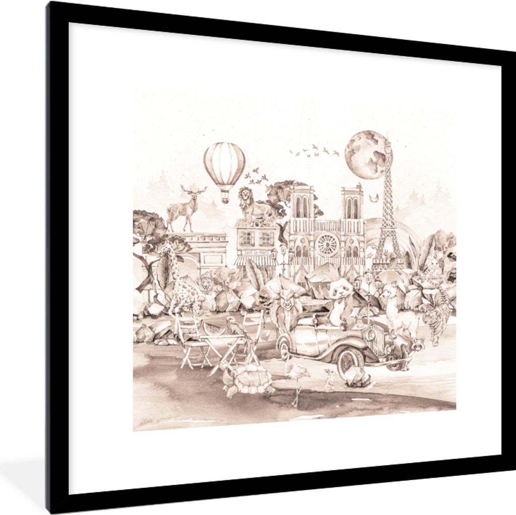 MuchoWow Gerahmtes Poster Kinder - Paris - Panda - Tiere - Heißluftballon 40x40 cm - Poster mit Schwarzem Bilderrahmen Wandposter Rahmen Foto Bi...