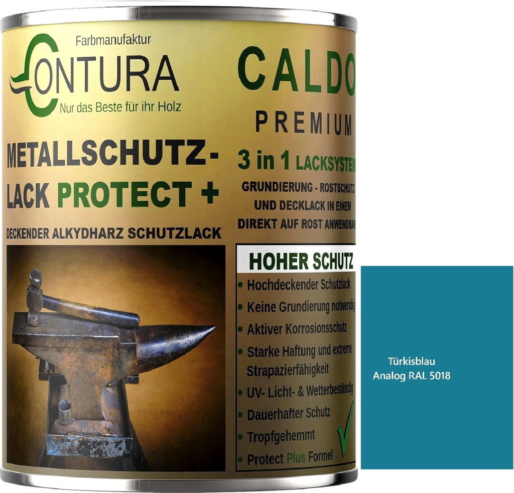 Contura 3 in 1 Rostschutzfarbe 2,5 Liter Metallschutzlack Seidenmatt RAL Metall Lack Farbe Grundierung Rost - RAL 5018 Türkisblau