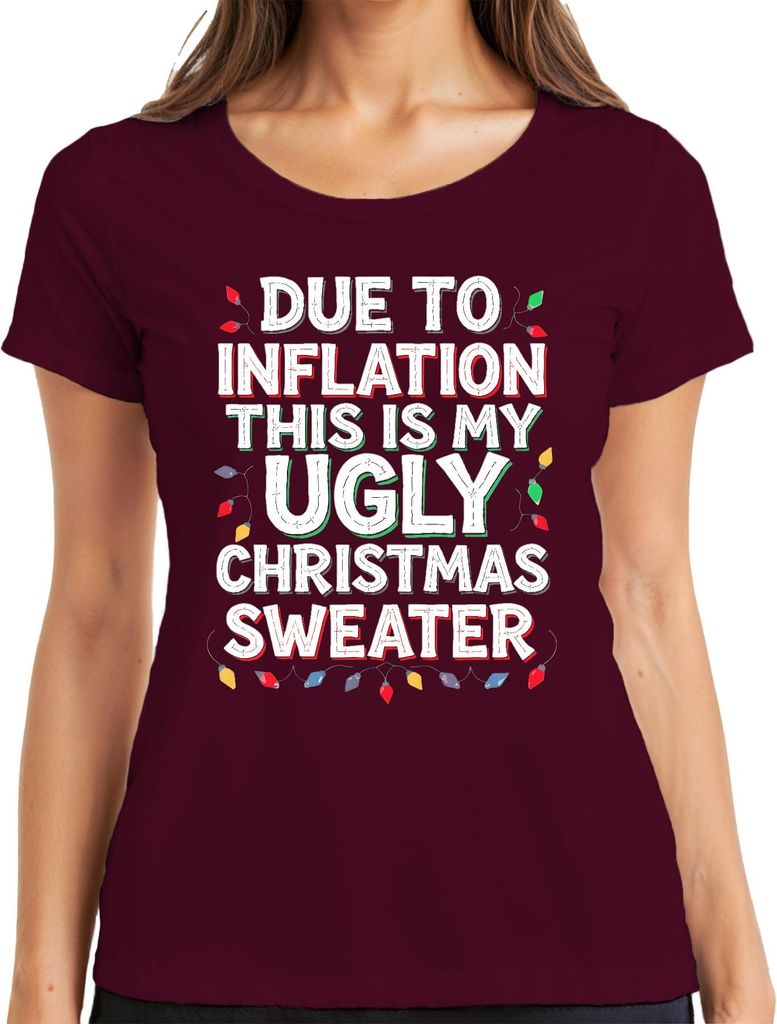 Due To Inflation Ugly Christmas Sweater lustig Weihnachten Retro Damen T-Shirt, Burgundy, S