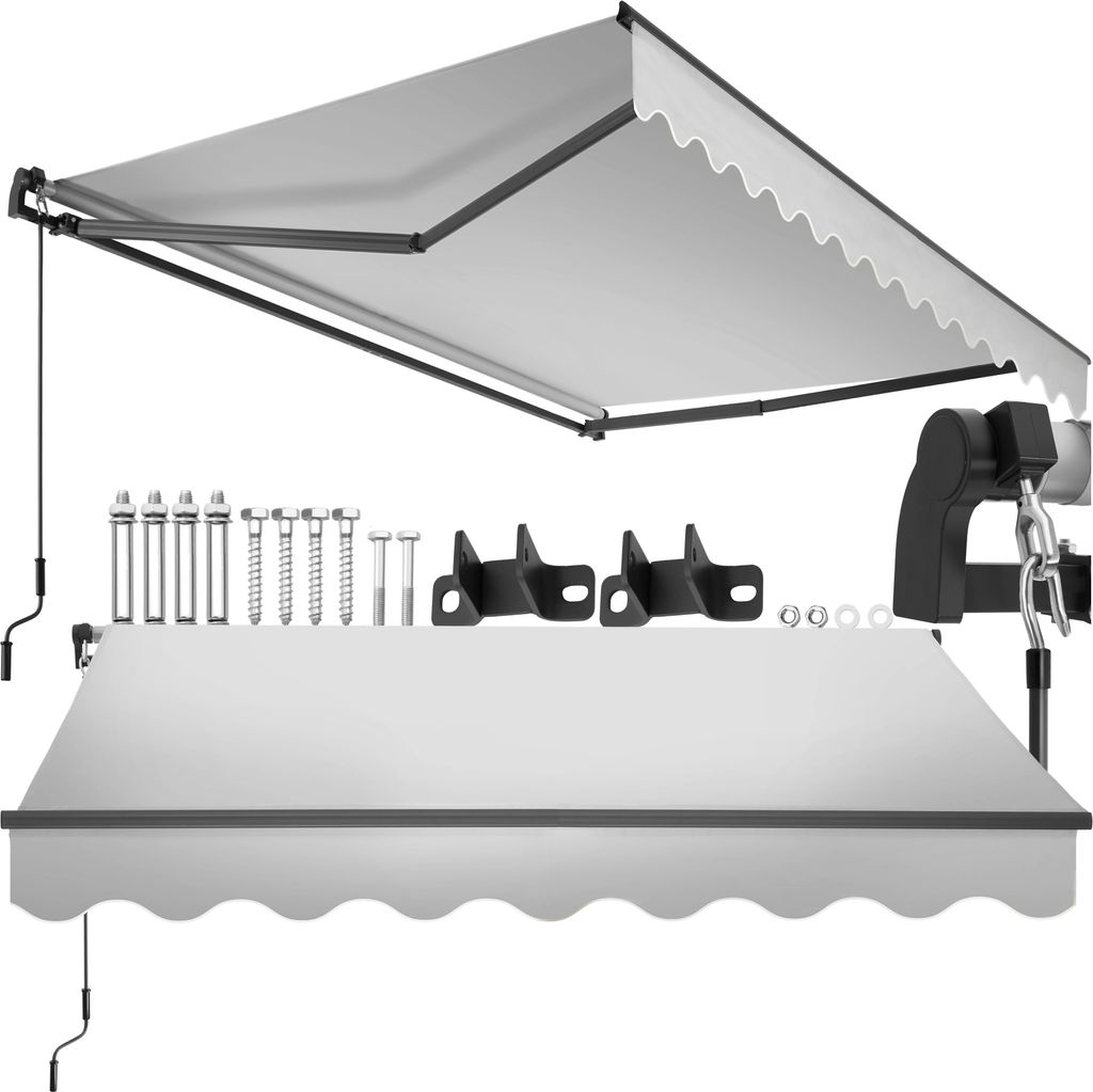 A retractable awning and its mounting hardware are displayed against a white background.