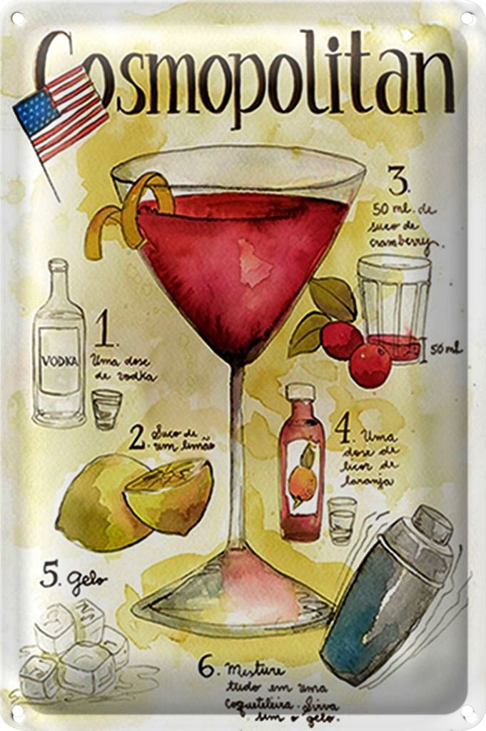 Blechschild Rezept 20x30cm Cosmopolitan Cocktail Recipe