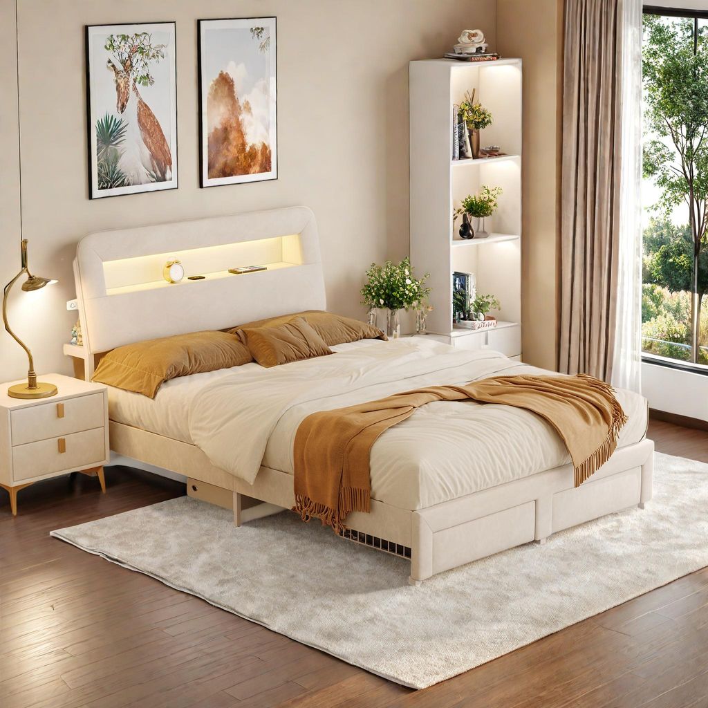 Bett mit Schubladen, 140 x 200 cm, in beigefarbenem Samt, Produktbild 