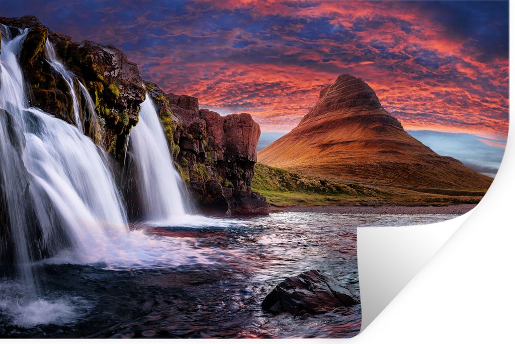 MuchoWow Wandtattoo Wandsticker Wandaufkleber Wasserfall - Berg - Wolken - Rosa - Landschaft 90x60 cm Selbstklebend und Repositionierbar - Aufkleber