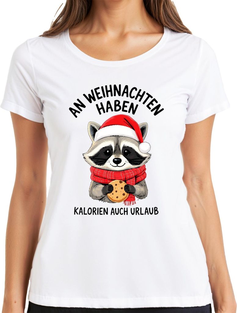 An Weihnachten haben Kalorien Urlaub Waschbär Kekse lustig Damen T-Shirt, Weiß, XL