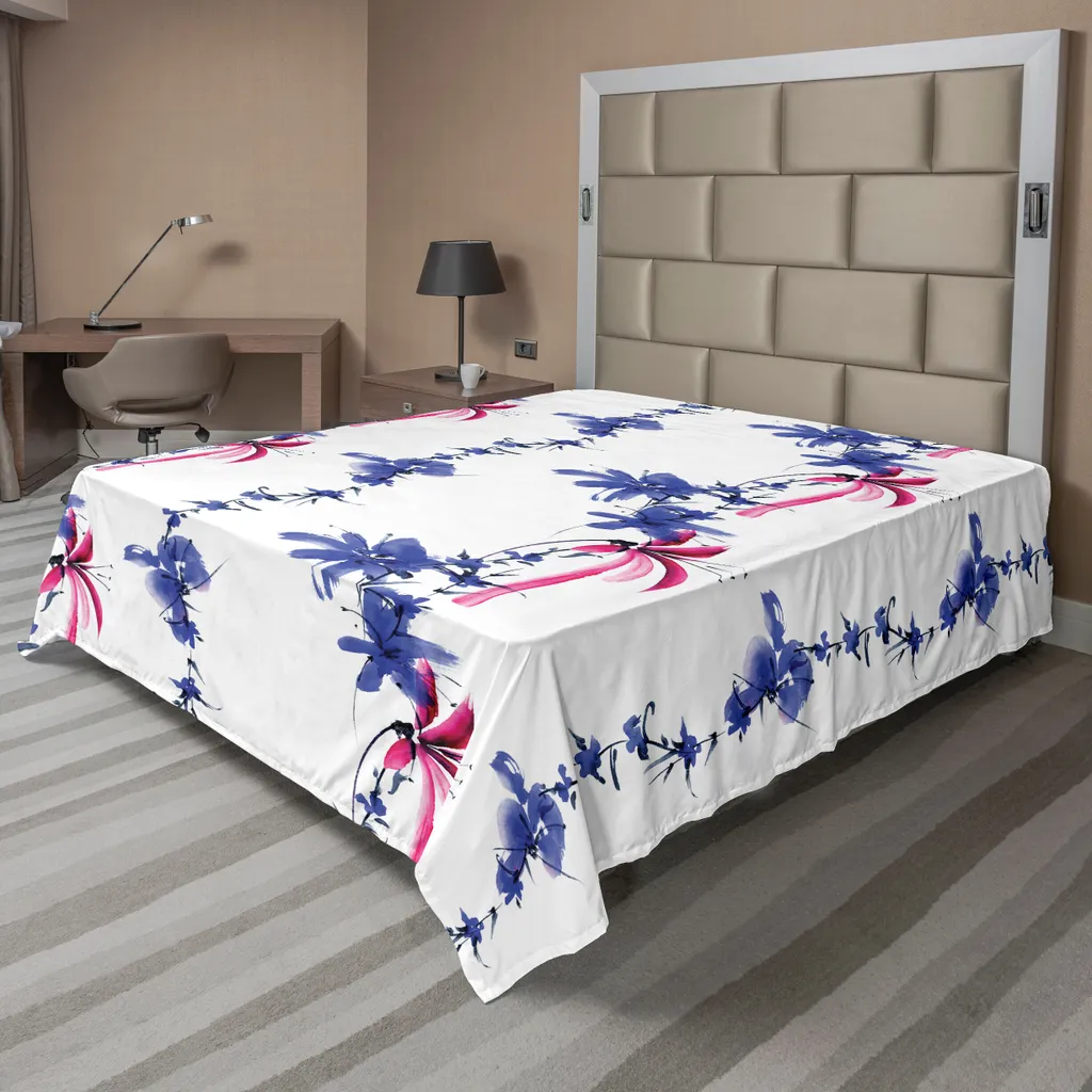 Drap de lit en microfibre douce violet motifs fleurs orientales