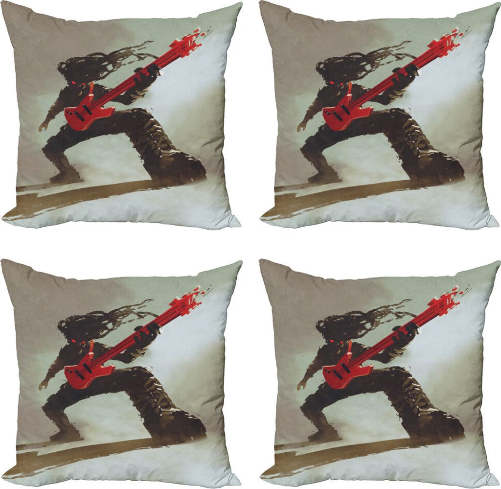 ABAKUHAUS Fantasie Kissenbezug Set (4 Stück), Hipster Rocker Gitarre, Moderner Doppelseitiger Digitaldruck, 60 cm x 60 cm, rot Grau