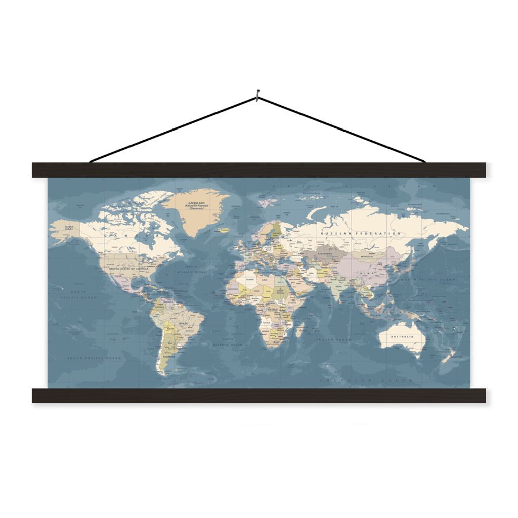 MuchoWow Textilposter Weltkarte - Atlas - Blau 120x60 cm mit schwarzem Rahmen - Dekoration Schlafzimmer