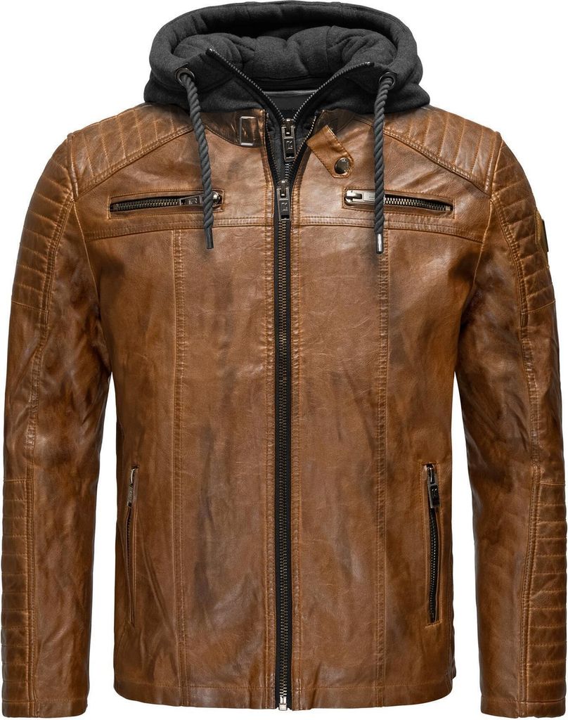 Red Bridge Herren Kunst- Lederjacke Kunstleder Bikerjacke mit Sweat- Kapuze Two in One Dirtybraun S