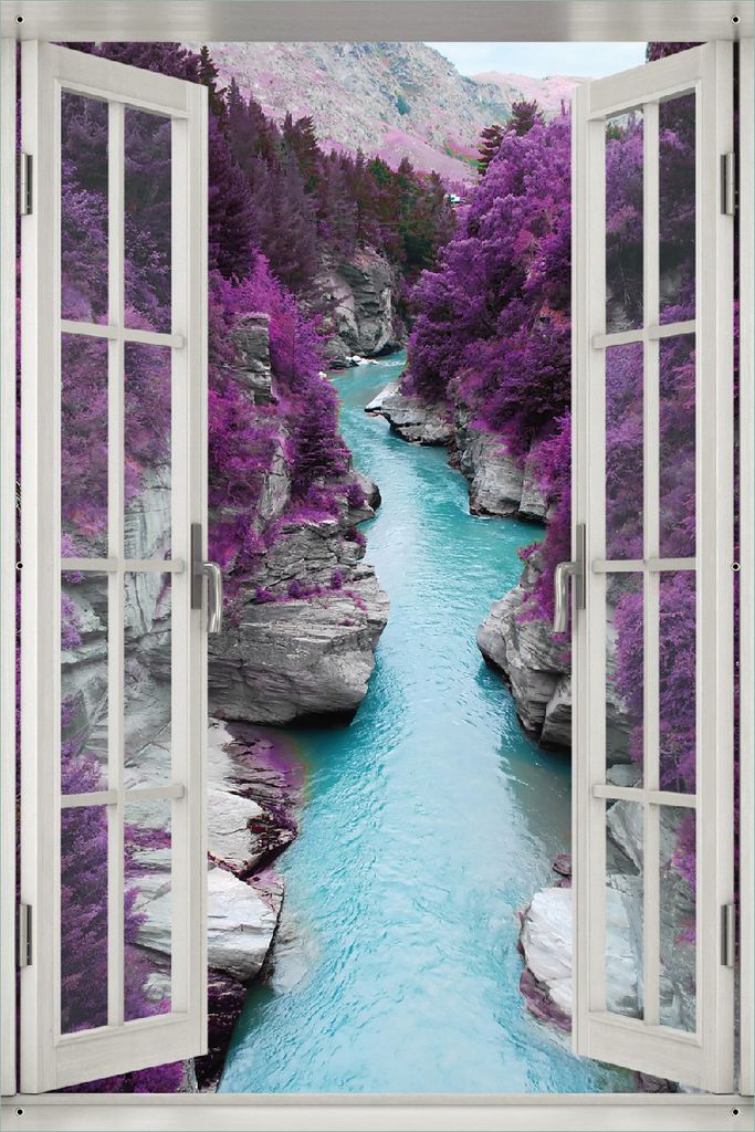 Wallario Outdoor-Poster für Garten oder Balkon 61 x 91,50 cm: Fluss in lilafarbener Schlucht