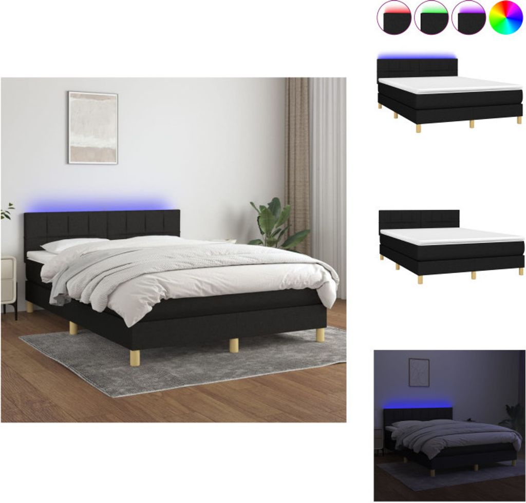 vidaXL Boxspringbett mit Matratze & LED Schwarz 140x200 cm Stoff - Betten & Bettgestelle