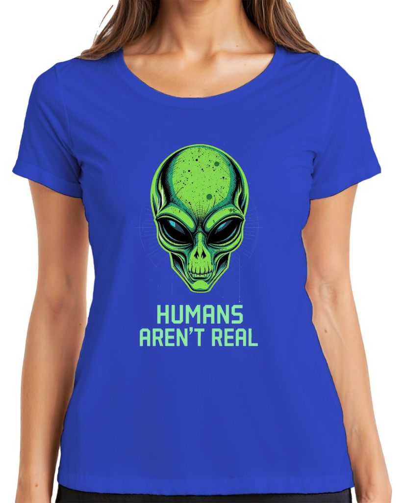 Humans Aren't Real Alien Totenkopf Grün UFO SciFi Lustig Geschenk Damen T-Shirt, Blau, 3XL