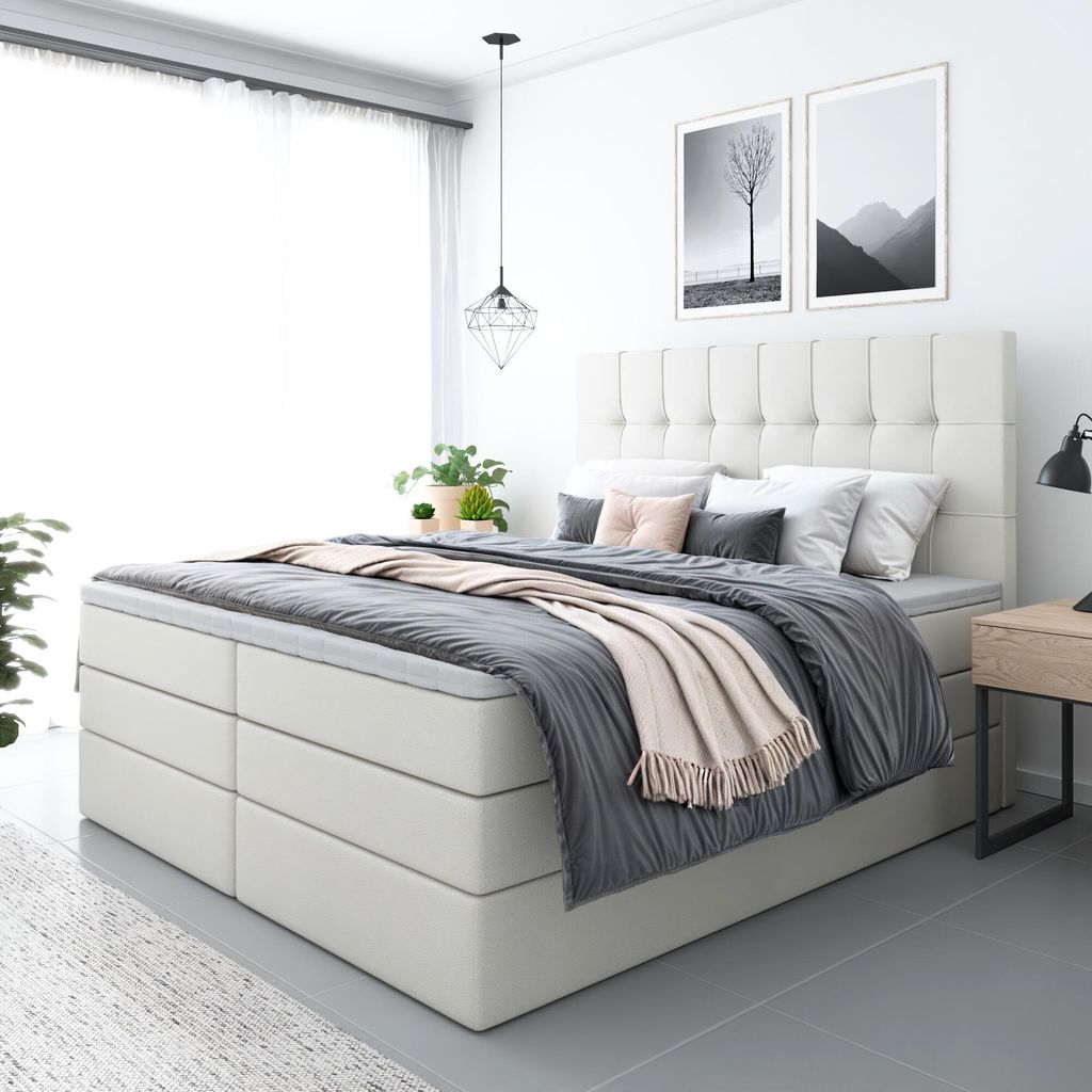 Bett, Boxspringbett FARO PLUS mit 2-Matrazen und Topper T25, Doppelbett, Schlafzimmer, Polsterbett, 180x200 cm(Kunstleder Weiss- MADRYT 1100)