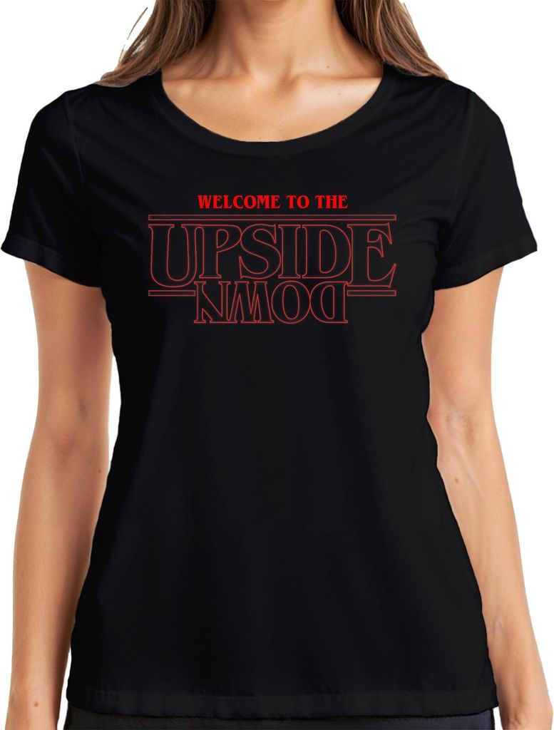 WELCOME TO THE UPSIDE DOWN Stranger Horror 80s Retro Demogorgon Damen T-Shirt, Schwarz, S