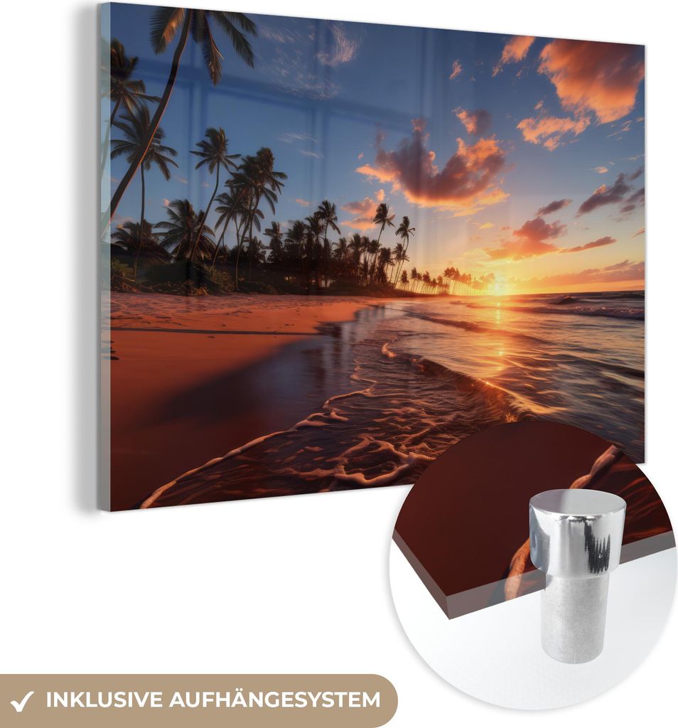 MuchoWow Glasbilder - Bilder auf Wandbild - Foto auf Glas Sonnenuntergang - Meer - Horizont - Strand - Palmen 60x40 cm Wanddekoration aus Glas - Ac...