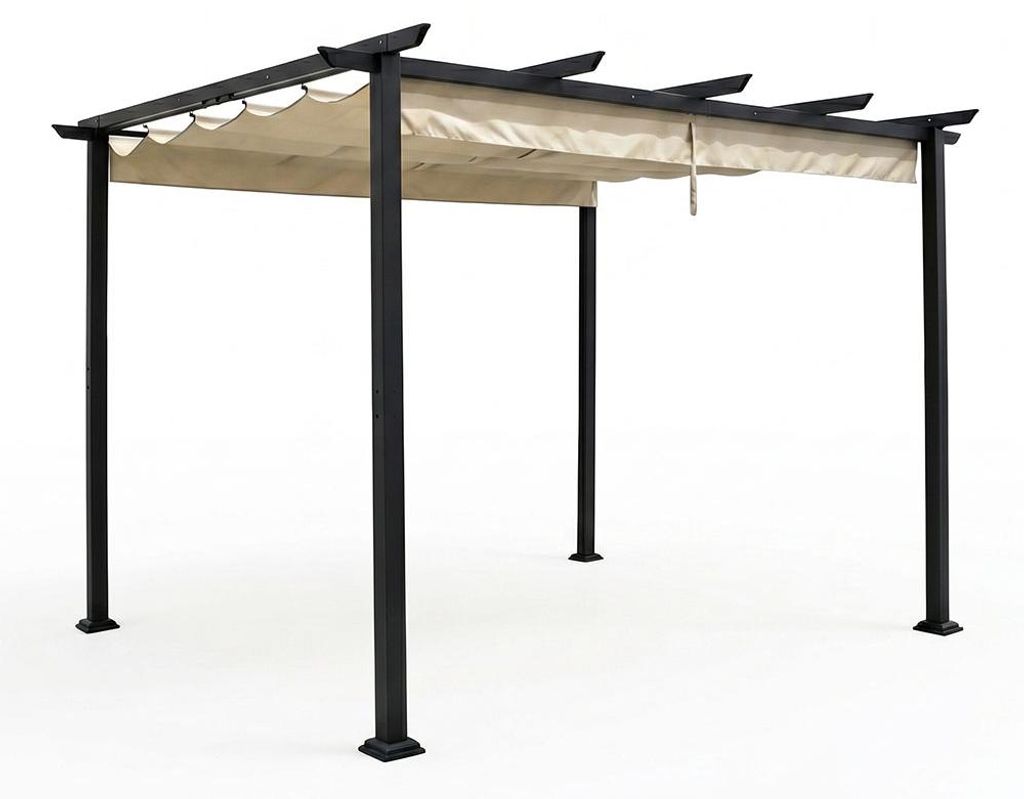 Pergola 3x4 m aus schwarz lackiertem Aluminium mit verschiebbarem Polyesterdach in Creme, robust und verstellbar für Garten, Terrasse – Eolo