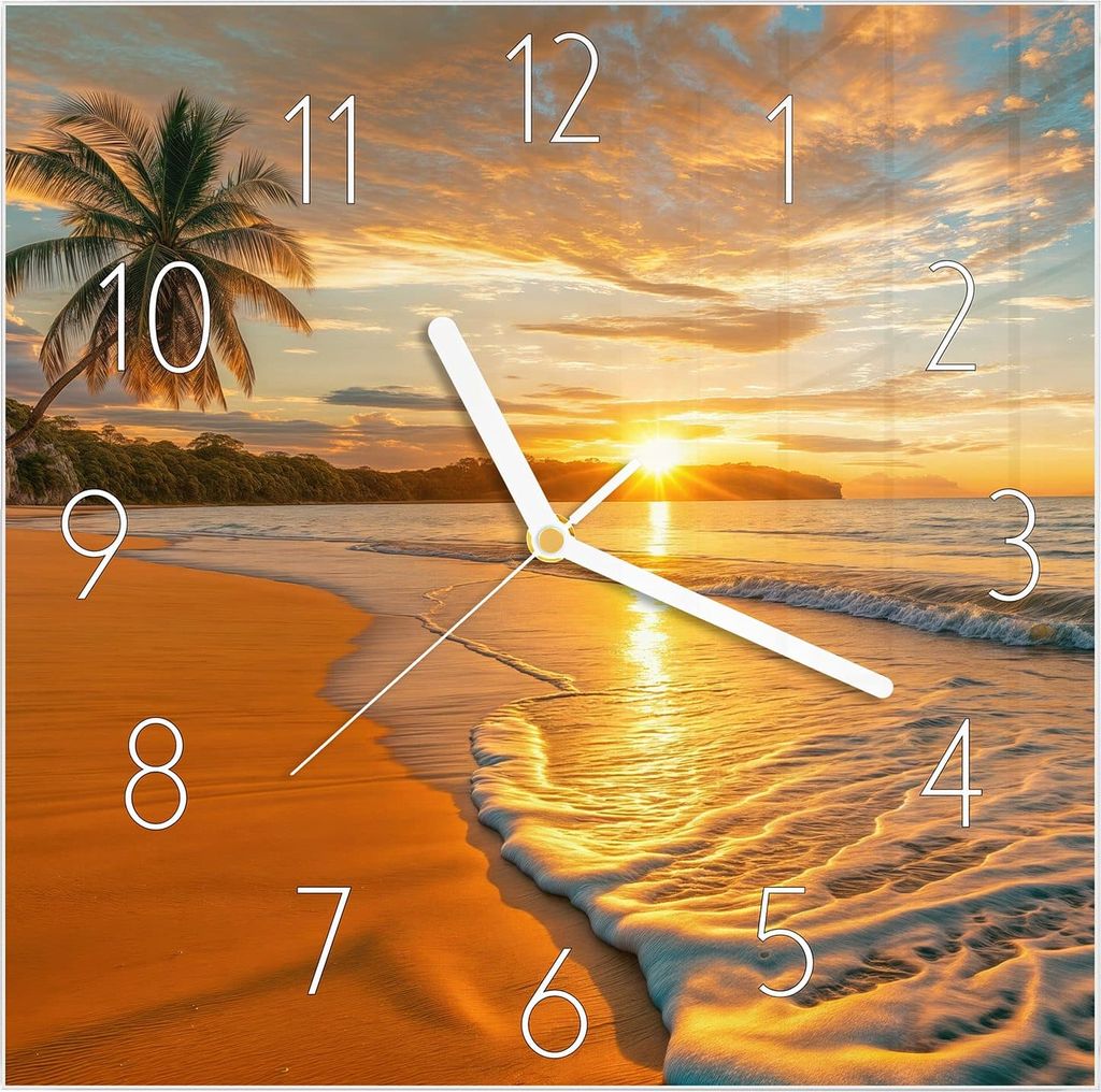 Wanduhr aus Glas mit Motiv Sonnenuntergang Strand- 30 x 30 cm - inkl. Aufhängesystem