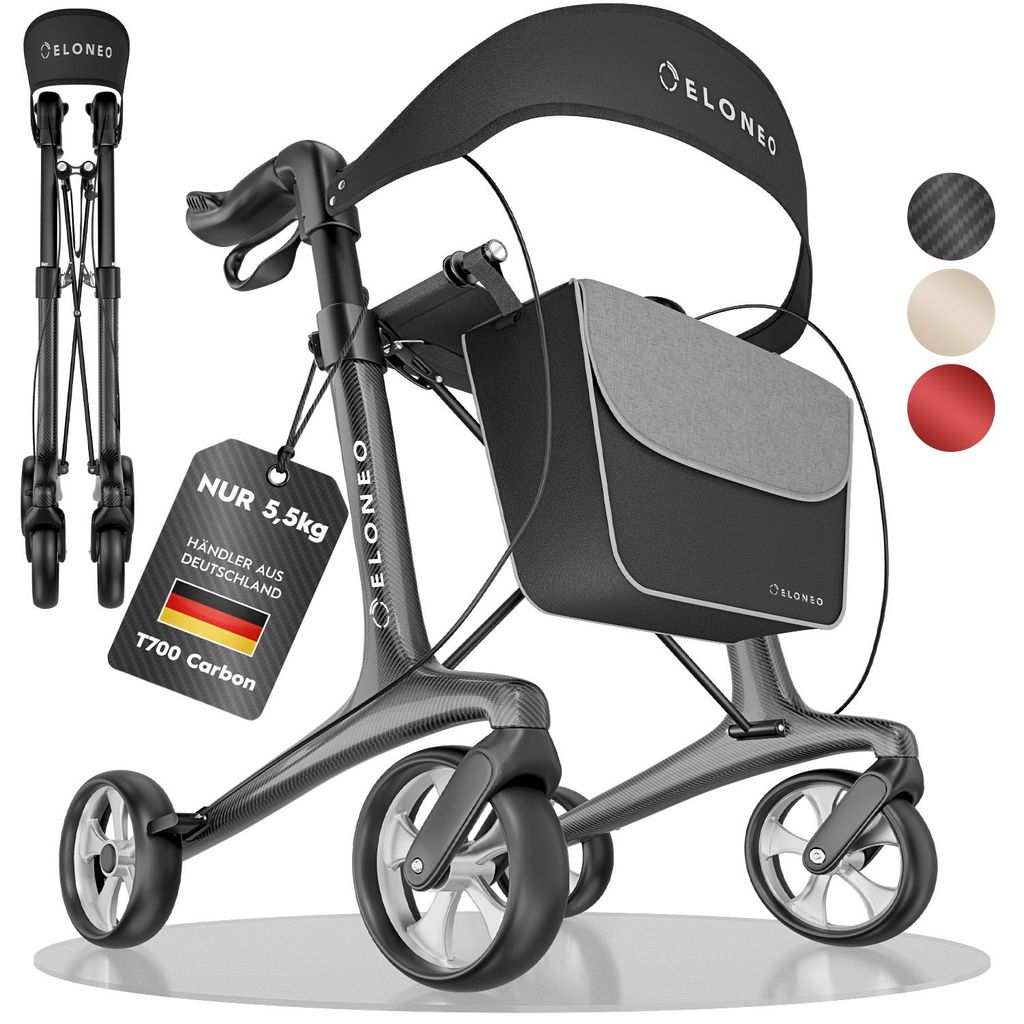 ELONEO Carbon Rollator faltbar und leicht mit Sitz, Produktbild 