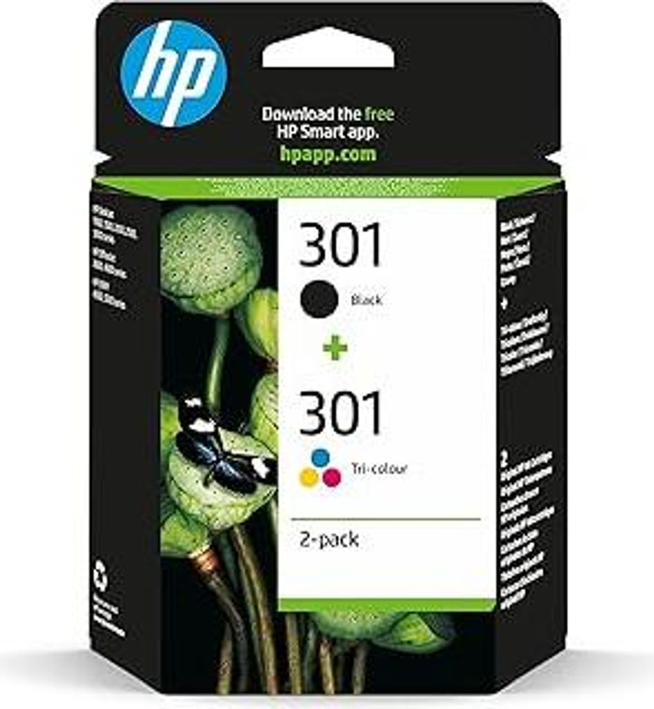 HP 301 2er-Pack Tintenpatronen, 1 schwarz und 1 dreifarbig Original (N9J72AE) Schwarz/Rot/Blau/Gelb