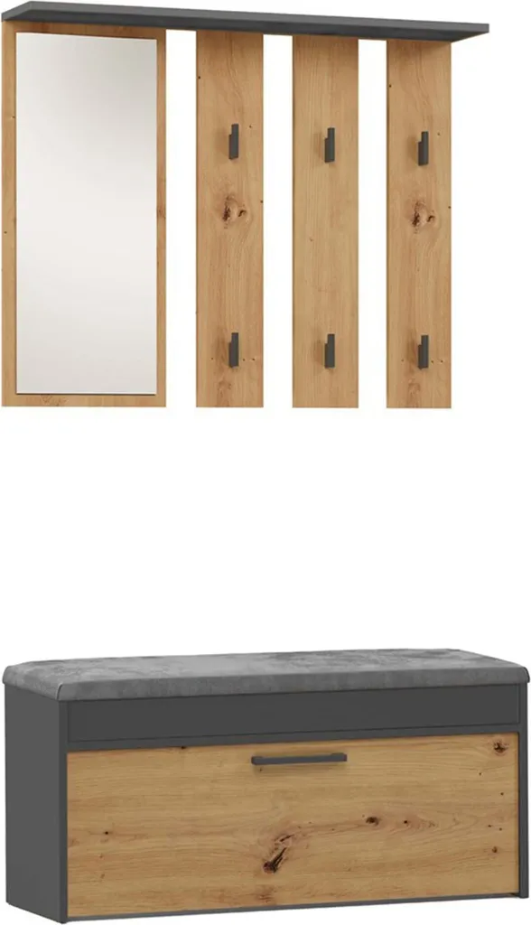 Vestiaire d'entrée en chêne et anthracite avec patères et coffre bas