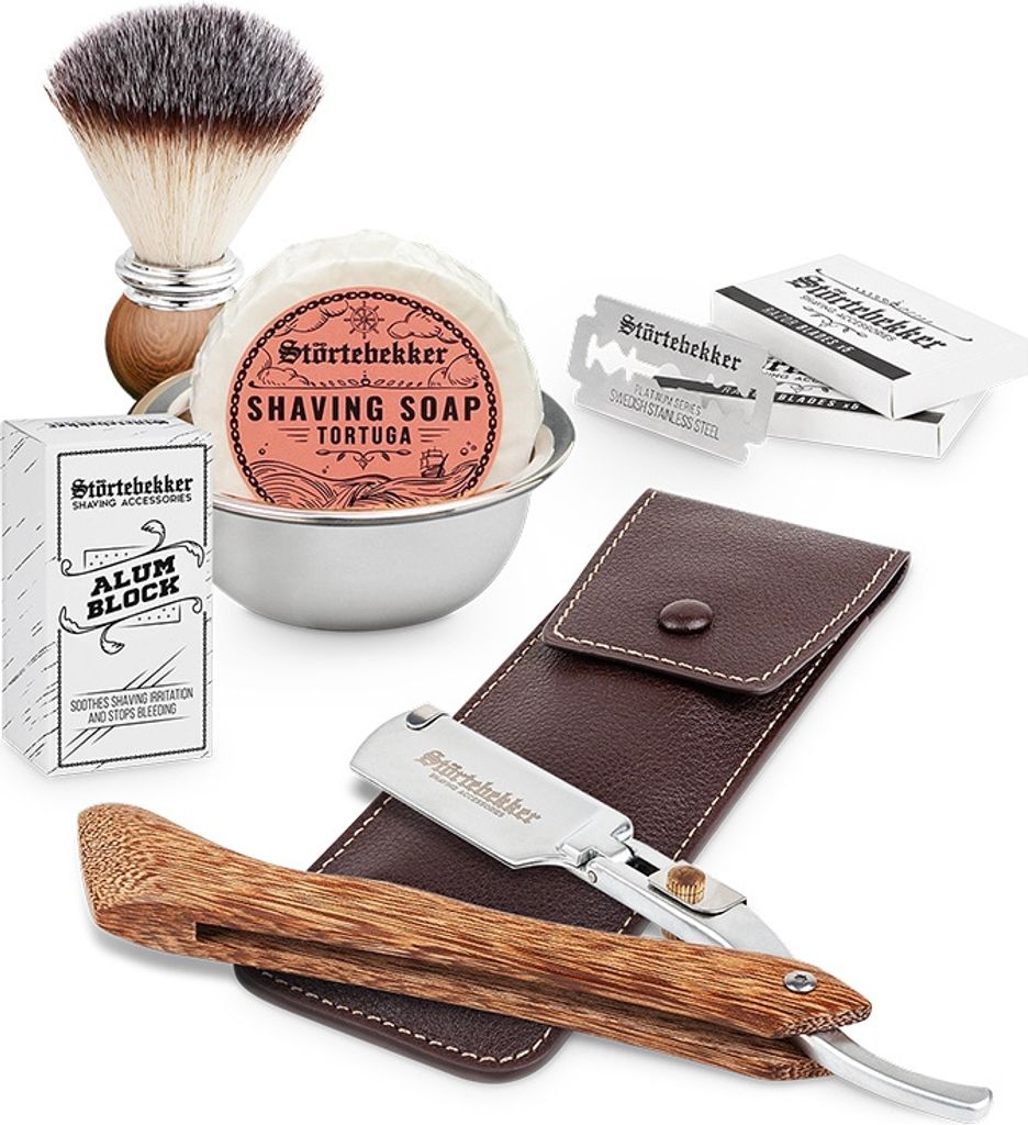 Rasierset - Rasiermesser Holz – Lederetui Café - Tortuga
