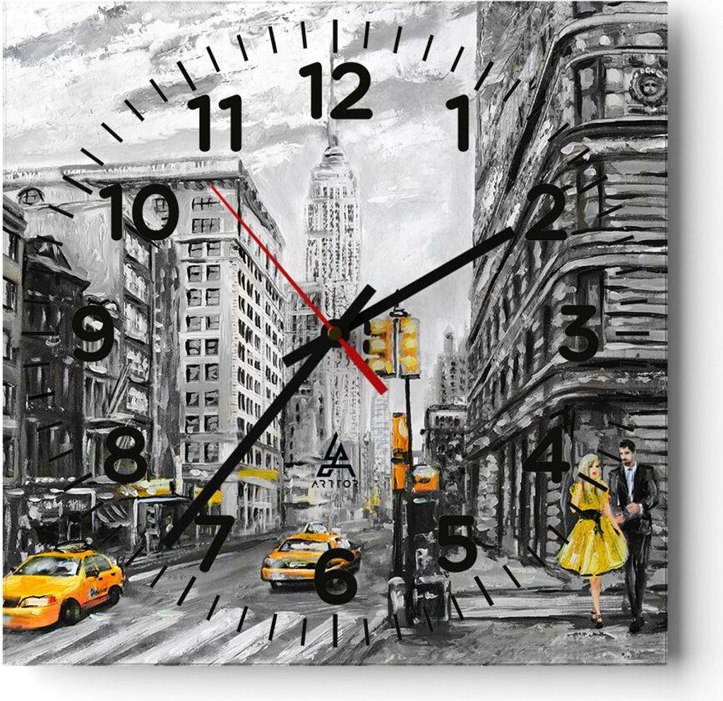 Wanduhr - Quadrat - Glasuhr - Stadt Taxi Wolkenkratzer Illustration - 30x30cm - Schleichendes Uhrwerk - Lautlos - zum Aufhängen bereit - Dekoratio...