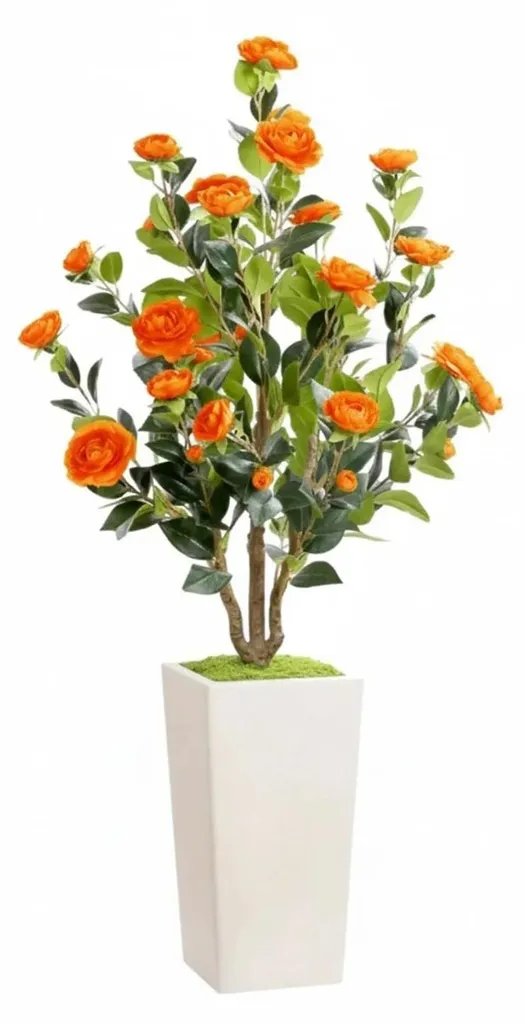 Faux camélia réaliste orange - Plante artificielle en PE avec pot blanc