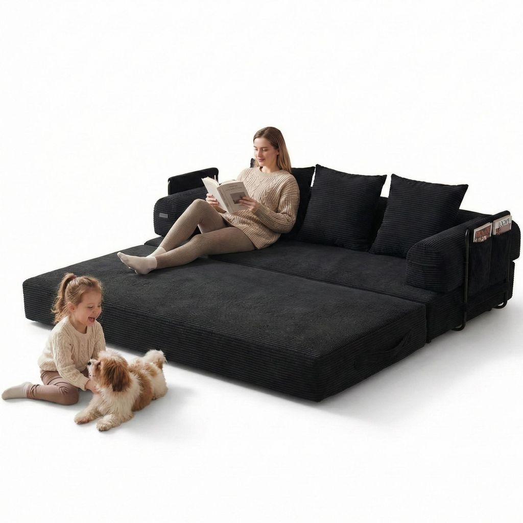 LVHOM Klappbares Schlafsofa aus Cordstoff, Modulares Tagesbett mit Metallgestell, Klappsofa Bodensofa mit Stauraum, 300kg Belastbarkeit, Schwarz