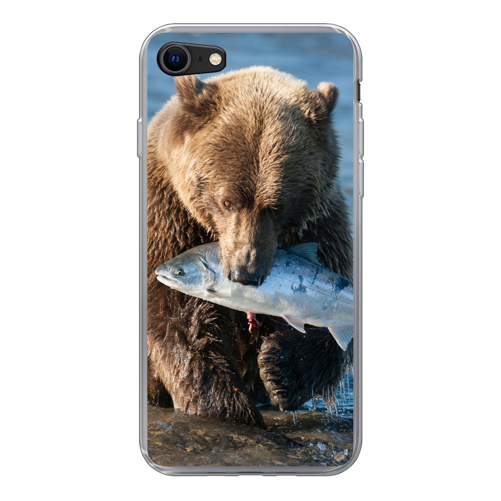 MuchoWow Handyhülle Schutzhülle Hülle für iPhone SE 2022 Bär - Braun - Fisch Silikon Softcase Handy Hülle - Schutzhülle