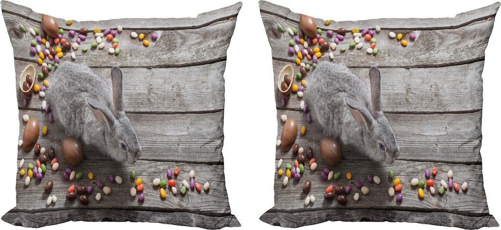 ABAKUHAUS Osterhase Kissenbezug Set (2Stück), Foto von Cute Kaninchen auf Holzuntergrund mit Holiday Sweets Rustic Frühling, 50 x 50 cm, Mehrfarbig