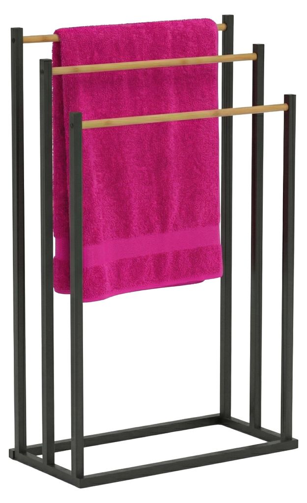 Relaxdays Handtuchständer, HBT: 76 x 45 x 21,5 cm, Metall, 3 Stangen aus Bambus, stehender Handtuchhalter, schwarz/natur