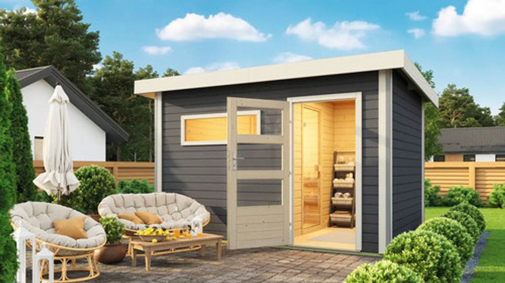 Saunahaus Karibu Topas 2 ohne Ofen mit Holztüre und Klarglas terragrau/weiß