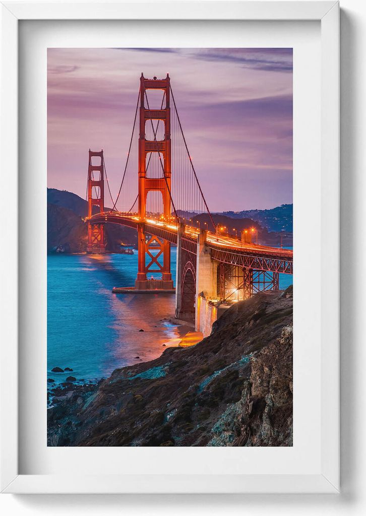 Golden Gate Bridge San Francisco– Wandbild mit Rahmen – Gerahmtes Bild – Wanddekoration – 40x60 cm – Weiß