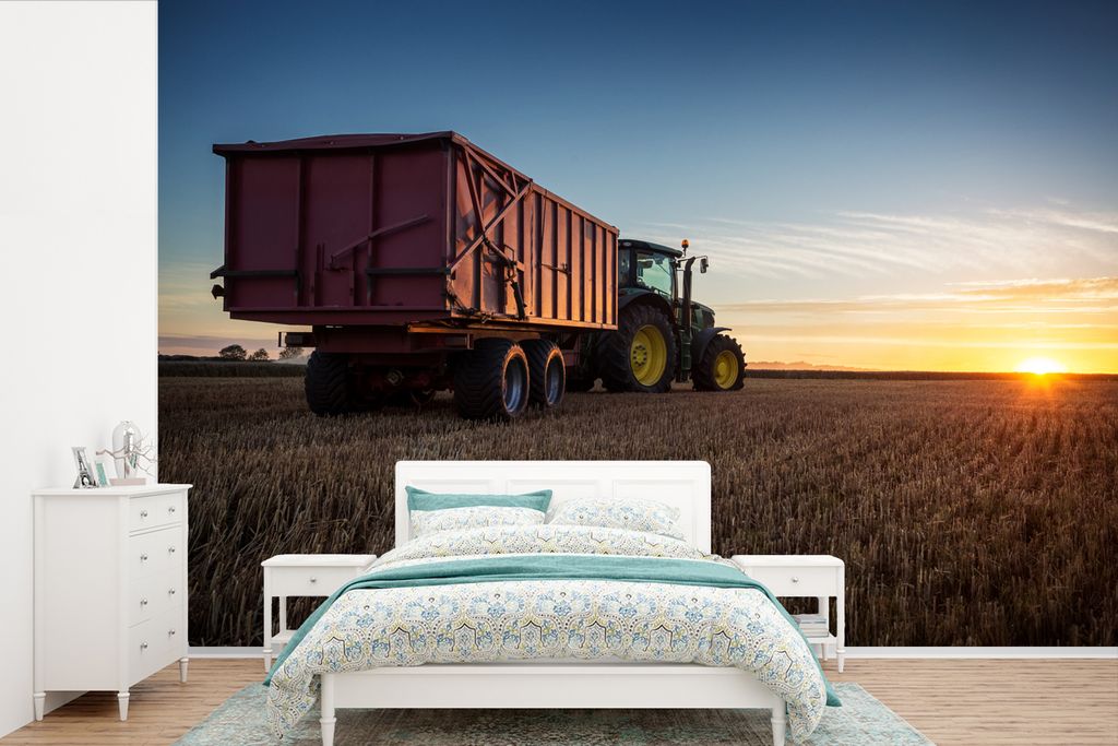 MuchoWow Fototapete für Wohnzimmer oder Schlafzimmer Wandtapete Vinyl Motivtapete Traktor - Grün - Sonnenuntergang - Horizont - Grün - Landleb...