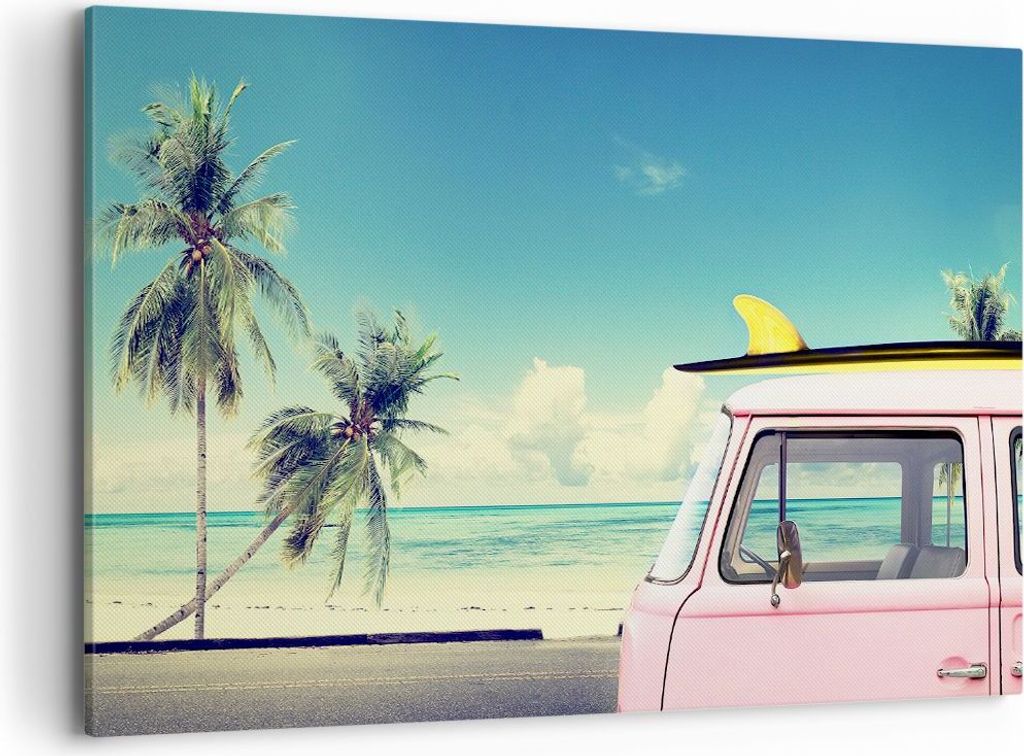 Bild auf Leinwand - Leinwandbild - Auto Surfbrett Strand Ozean - 120x80cm - Wand Bild - Wanddeko - Leinwanddruck - Bilder - Kunstdruck - Wanddekora...
