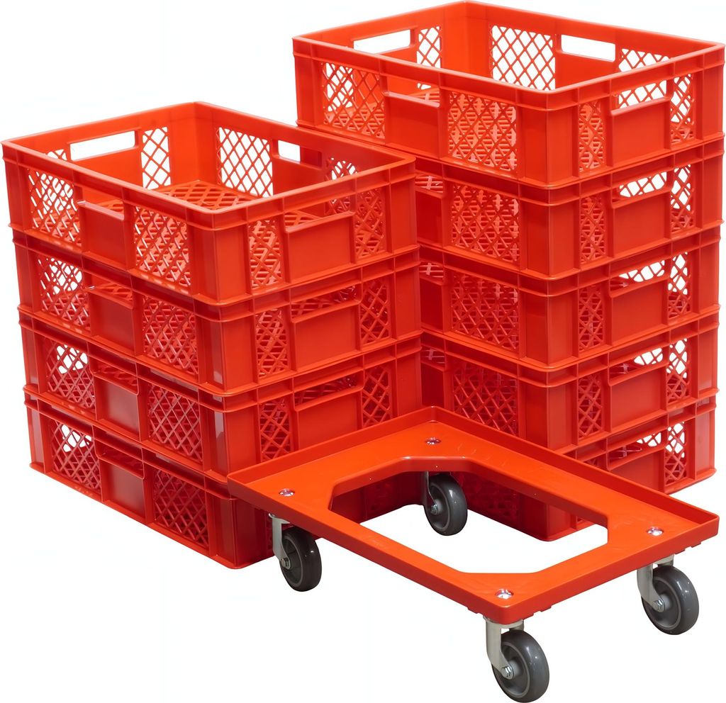 9 Stück Bäckerkisten 600 x 400 x 150 mm + 1 Transportroller Typ C Farbe: rot