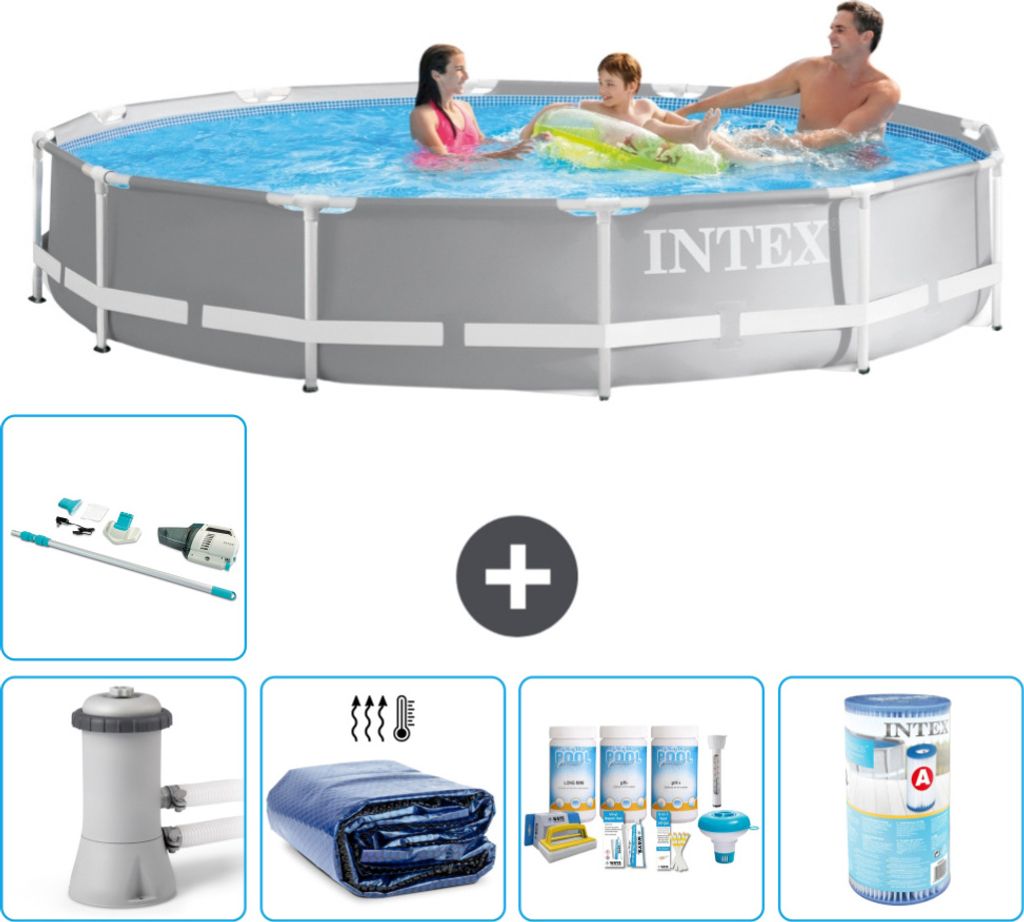 Intex Round Prism Frame Swimming Pool – 366 x 76 cm – Grau – inklusive Pumpe Sonnensegel - Wartungspaket - Filter - Staubsauger