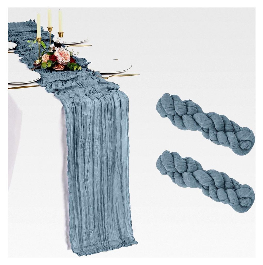 2er Set Staubiges Blau Käsetuch Tischläufer 10FT Boho Gaze Tischläufer Abwaschbar Romantische Rustikale Tischdekoration für Hochzeit Party Gebu...