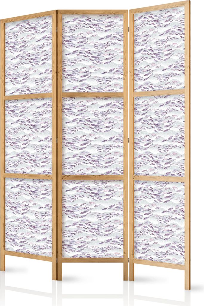 3-teiliger Einseitiger Vlies Japanischer Paravent - Fish in Muted Colors - Shoal of Small Fish in Light Violet and Delicate Pink on a Background of...