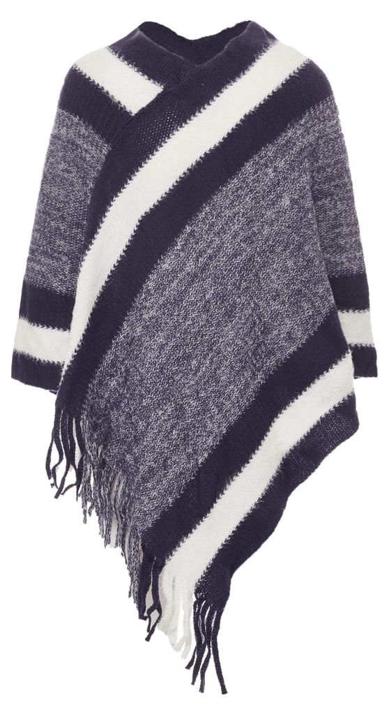 Damen Strickponcho Blau Größe M mit Fransensaum