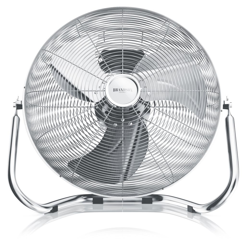 A studio shot of a silver floor fan against a white background.