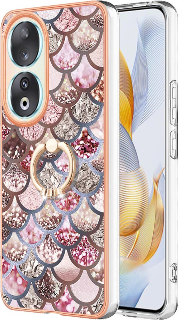 Hülle für Honor 90 5G Muster TPU Silikon Stoßdämpfer Bumper Schutzhülle mit Ring Ständer Kaffee