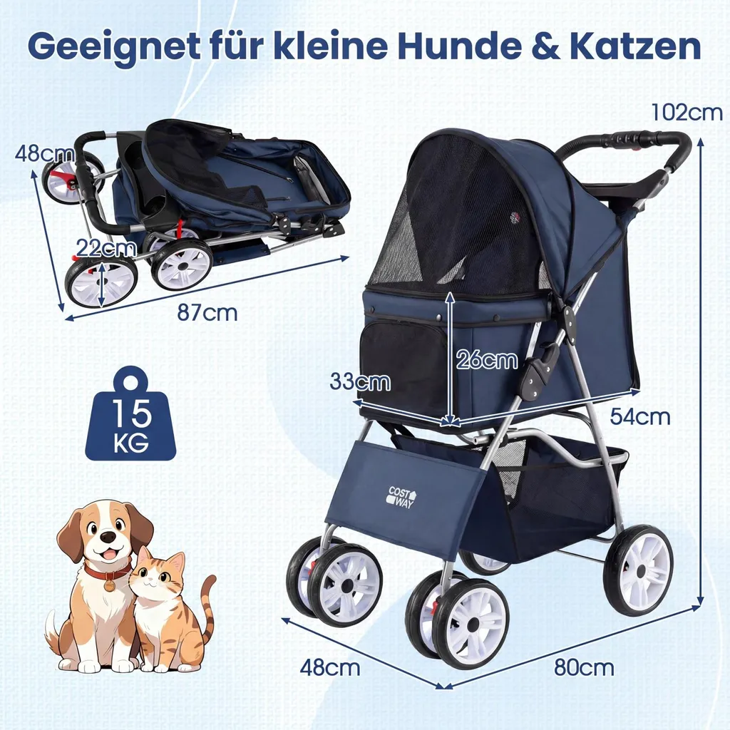 Poussette animaux avec auvent réglable pour petits chiens et chats Bleu - 2
