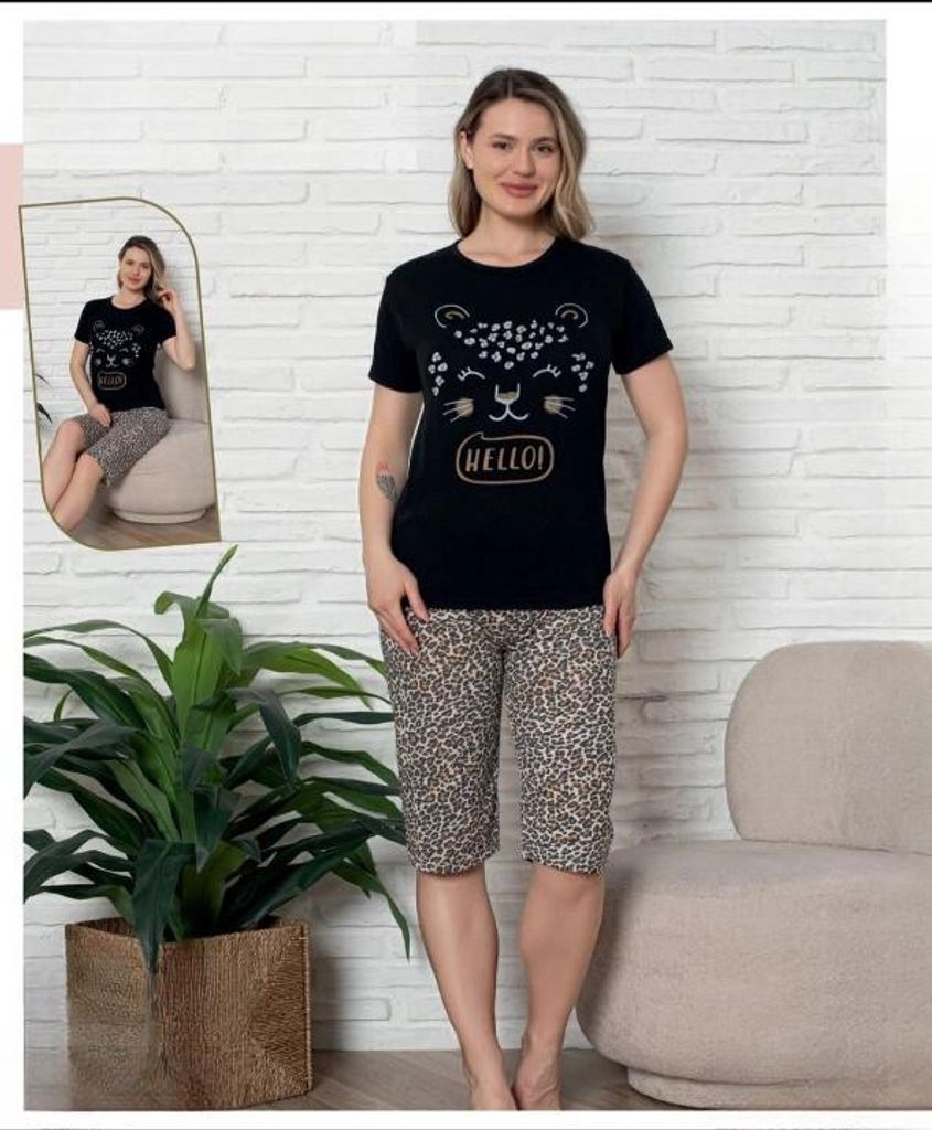 Damen Pyjama Schlafanzug Bermuda Schwarz XXL Shorty Kurz Produktbild 